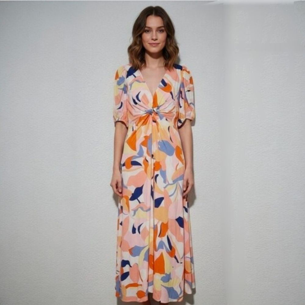 White Closet Elements Colorful Twist Front Puff Sleeve V-Neck Boho Maxi Dress L